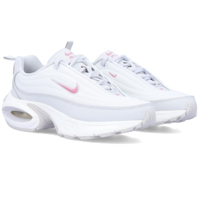 Sapatilhas Nike brancas com logótipo rosa e sola com unidade Air.