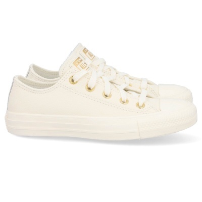 Ténis baixos Converse All Star creme com atacadores brancos e ilhós dourados
