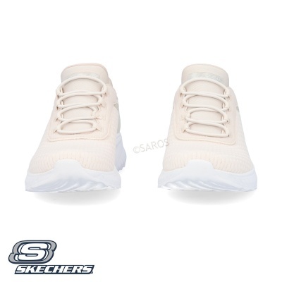 Sapatilhas Skechers creme com sola branca frente aberta