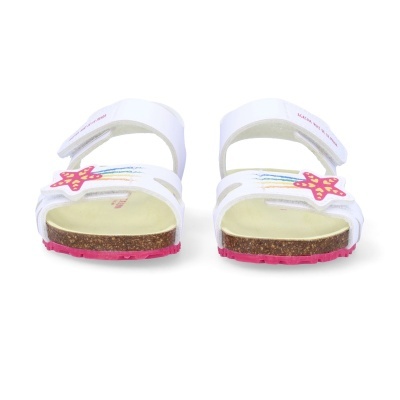 Sandálias brancas infantis com estrela do mar e tiras de velcro