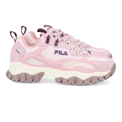 Sapatilhas desportivas Fila cor-de-rosa com sola grossa bege e detalhes lilás.
