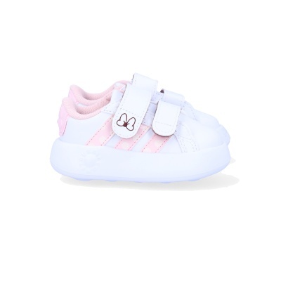 Ténis infantis brancos com riscas rosa e velcro