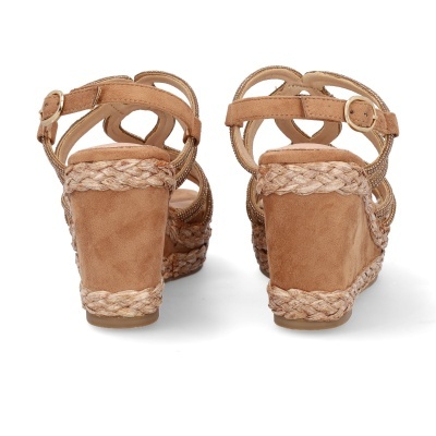 Sandálias de cunha castanhas com tiras em camurça e detalhes bordados