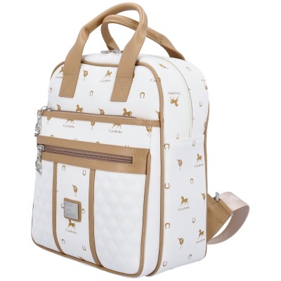 Mochila branca com padrão castanho e detalhes em pele castanha