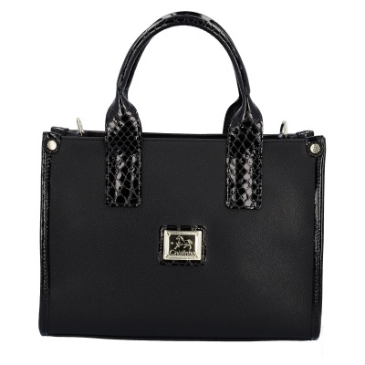 Mala de mão preta com detalhes em padrão de pele de cobra brilhante e placa Cavalinho