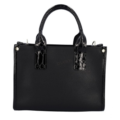 Mala preta com detalhes em verniz padrão pele de réptil e alças