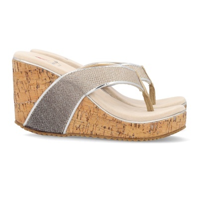 Sandálias de cunha femininas em cortiça com tiras prateadas