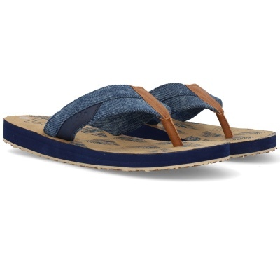 Chinelos de dedo com tiras denim azul e sola bege com padrão azul