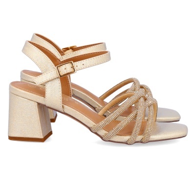Sandálias douradas de salto com tiras de strass e fivela ajustável