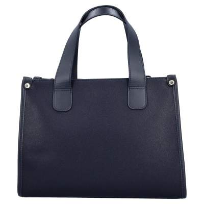 Mala de mão azul escura com alças largas e detalhes metálicos