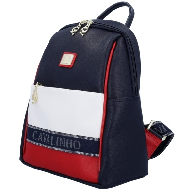 Mochila azul escuro, branco e vermelho com fecho dourado e a palavra CAVALINHO em faixa azul