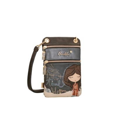 Bolsa tiracolo Anekke castanha e cinza com ilustração feminina e texto