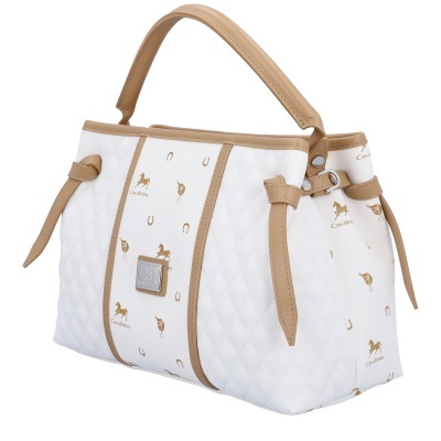 Mala de mão branca com detalhes bege e estampas douradas de cavalos e ferraduras