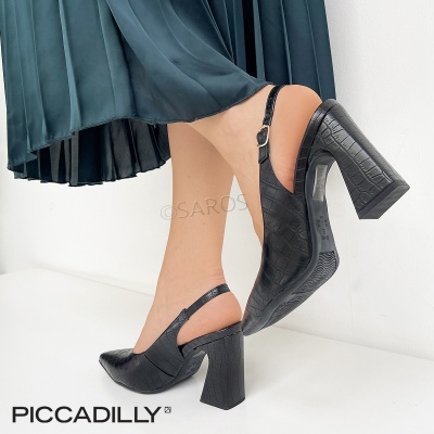 Sapatos de salto alto pretos padrão crocodilo com tiras ajustáveis e saia plissada verde escura