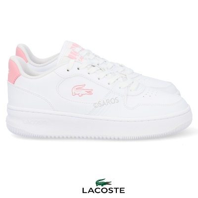 Ténis Lacoste brancos com detalhes rosa e logo crocodilo