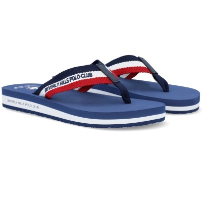 Chinelos azuis com tiras tricolores e texto Beverly Hills Polo Club