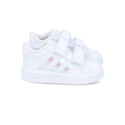 Ténis infantis Adidas brancos com riscas iridescentes e velcro duplo