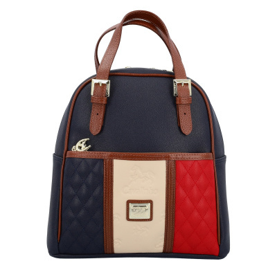 Mochila Cavalinho azul escuro com vermelho, bege e castanho, logo frontal e detalhes dourados