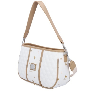 Mala de ombro branca e bege com padrão dourado e placa Cavalinho