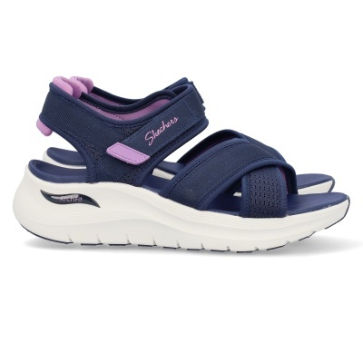 Sandálias femininas Skechers azuis e lilás com sola branca