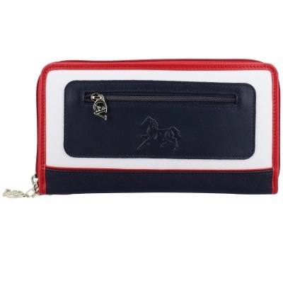 Carteira retangular branca com detalhes vermelhos e azul escuro, bolso frontal com zíper e relevo de cavalo.