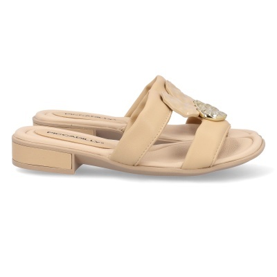 Sandálias bege feminino com salto baixo e ornamento dourado