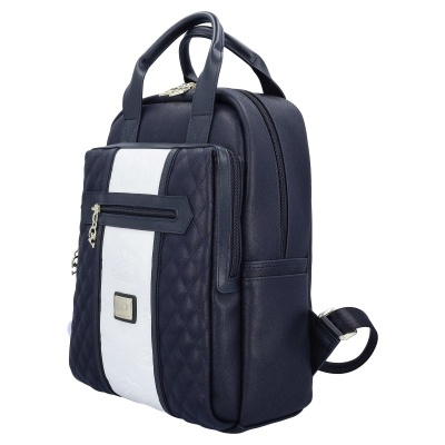 Mochila azul e branca em couro sintético com padrão matelassé e fechos de correr