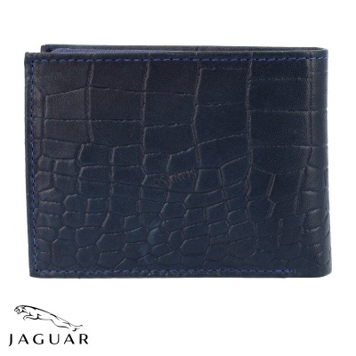 Carteira azul escuro em pele com textura de crocodilo, logótipo Jaguar