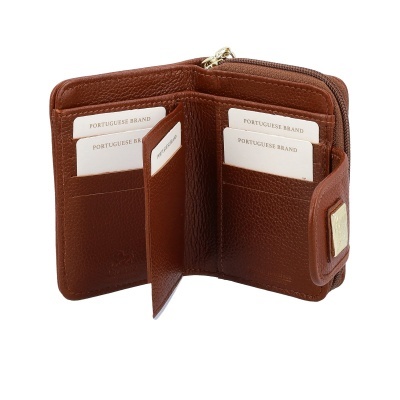Carteira em couro castanho com fecho e divisórias para cartões