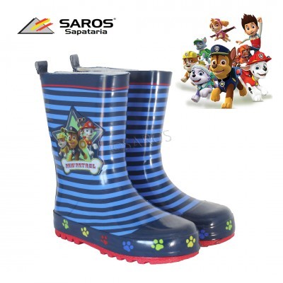 Botas de chuva azuis com riscas e personagens do Paw Patrol para crianças