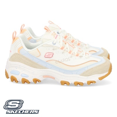 Ténis Skechers branco com detalhes em bege, azul claro e rosa e sola castanha