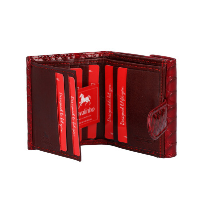 Carteira masculina em pele castanha com detalhes vermelhos e múltiplos compartimentos para cartões.