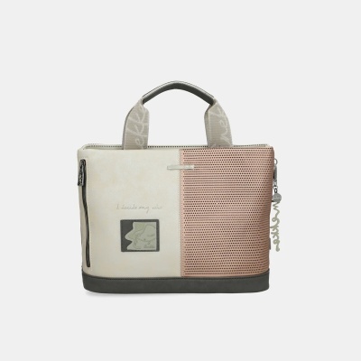 Mala de senhora bege, rosa claro e cinza com alças e bolso lateral