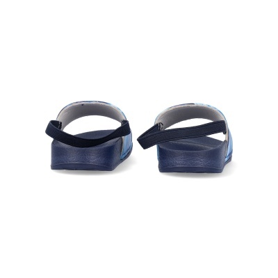 Chinelos azuis com tiras pretas ajustáveis vistos de trás