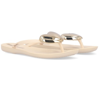 Chinelos femininos bege com decoração dourada oval