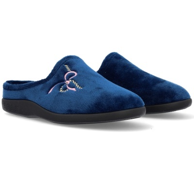 Chinelos de quarto azuis com bordado rosa e amarelo e sola preta