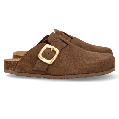 Par de mocassins tipo mule em camurça castanha com fivela dourada