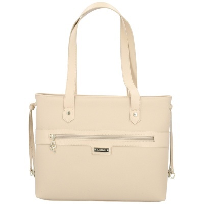 Mala de senhora bege clara com alças longas e bolso exterior com fecho
