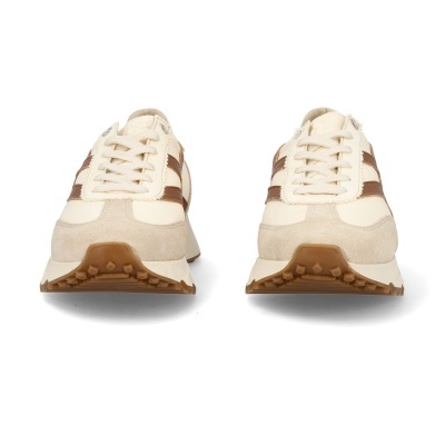 Ténis desportivos bege e castanho frontal