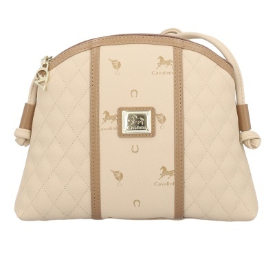 Mala bege e castanho com padrão riscado em losangos e estampas e etiqueta Cavalinho