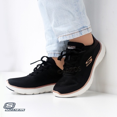 Tênis Skechers femininos pretos com detalhes dourados e sola branca