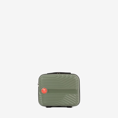 Mala de viagem rígida verde com padrão de linhas curvas e detalhe vermelho Cavalinho