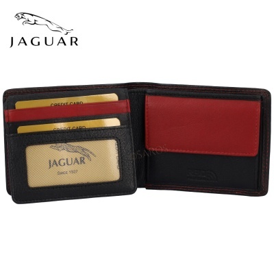 Carteira de pele preta e vermelha Jaguar com vários compartimentos para cartões