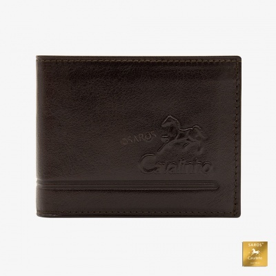 Carteira masculina em pele castanha escura com relevo e costuras