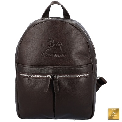 Mochila de couro preta com fecho de correr frontal e logótipo Cavallinho