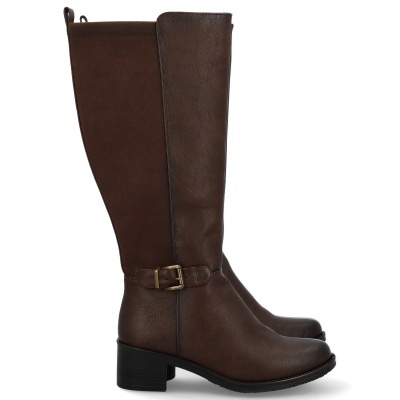 Botas altas castanhas em pele e tecido com fivela dourada e salto baixo