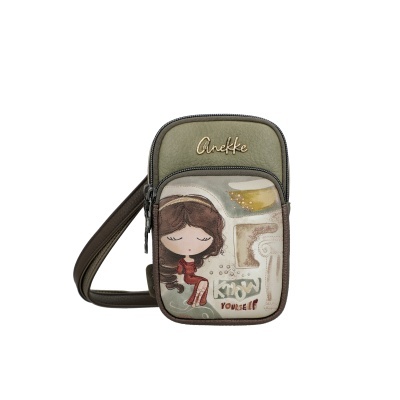 Bolsa pequena verde e castanha com estampa de menina e texto Know Yourself