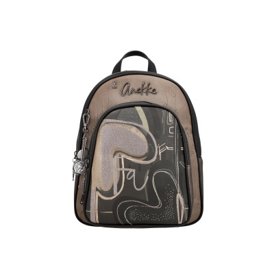 Mochila pequena castanha com padrão abstrato e escrita Anekke