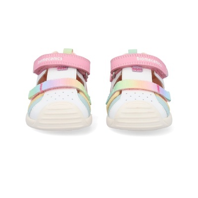 Sapatos infantis Biomecanics cor branca e rosa com fita multicolorida