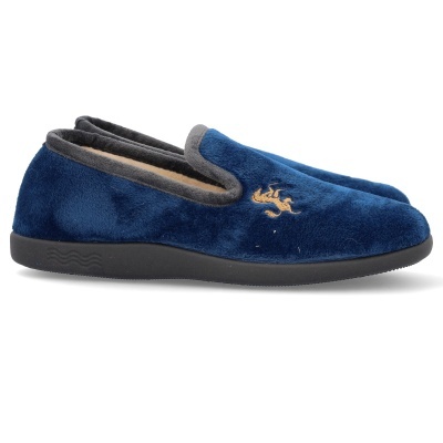 Chinelos de casa azul com bordado amarelo